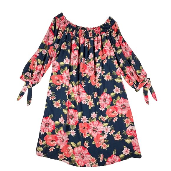 Womens Love J S 2X Off-Shoulder Floral Dress Navy & Pink Romantic Coquette Soft - Picture 1 of 9